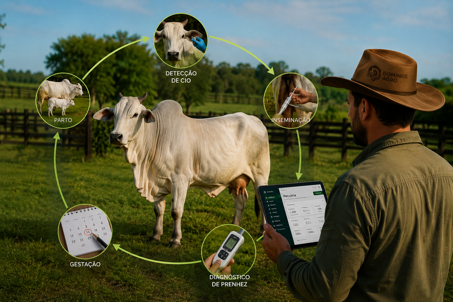 Ciclo reprodutivo bovino — detecção de cio, inseminação, diagnóstico, gestação e parto